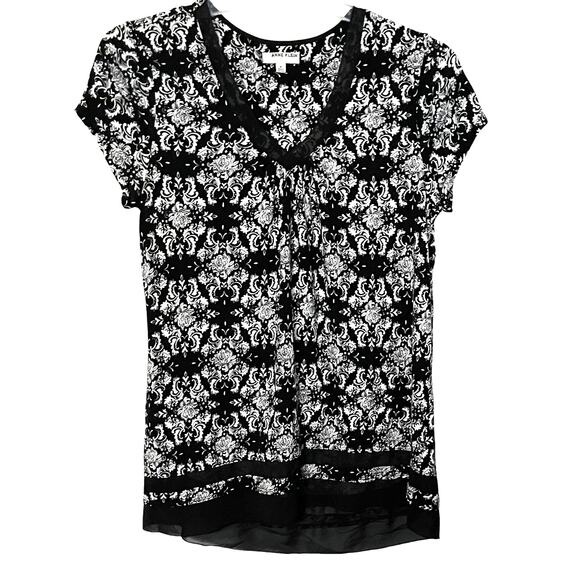 ANNE KLEIN CAP SLV, V-NECK, PULL-OVER BLOUSE, WOMENS, M-BLACK/WHITE ABSTR, TULLE - Picture 1 of 12